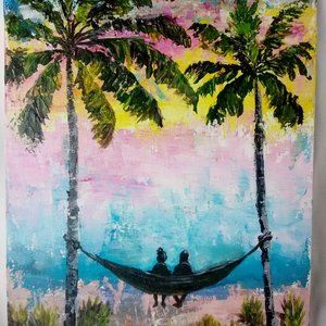 Original Acrylic Painting Couple on Hammock Pam Trees 11X14 Canvas Coastal Art